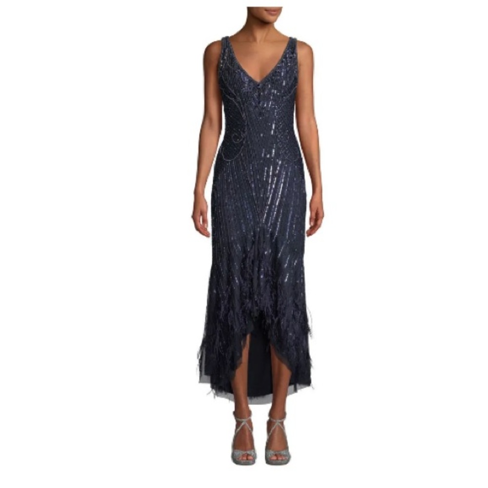 NWT Parker Sydney Beaded High-Low Gown Dress w/ Feather Hem